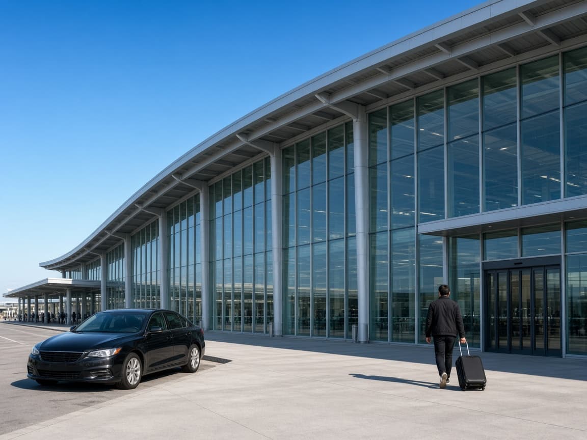 A traveler walking toward a modern airport terminal