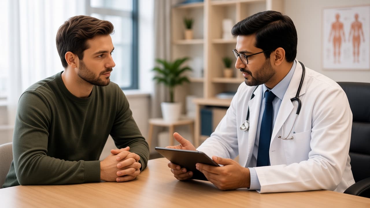 A doctor reviewing a plan with a patient during a consultation
