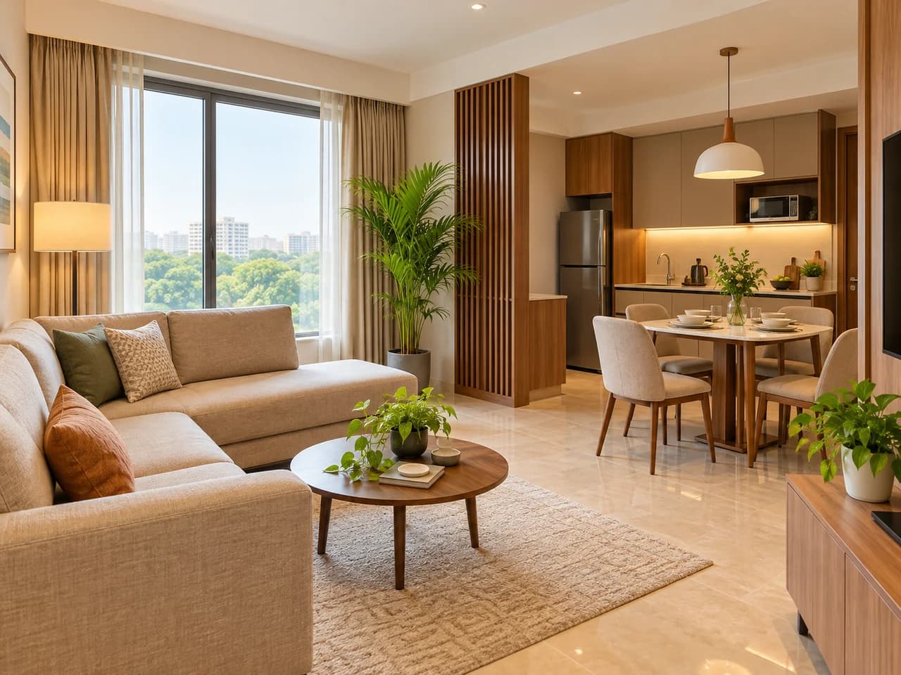 Serviced apartment with a living room, dining area, and kitchenette