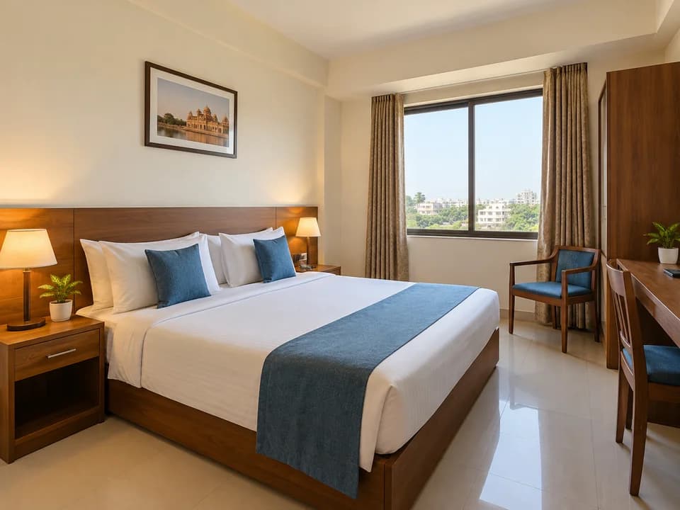 Bright, simple hotel room with a neatly made double bed