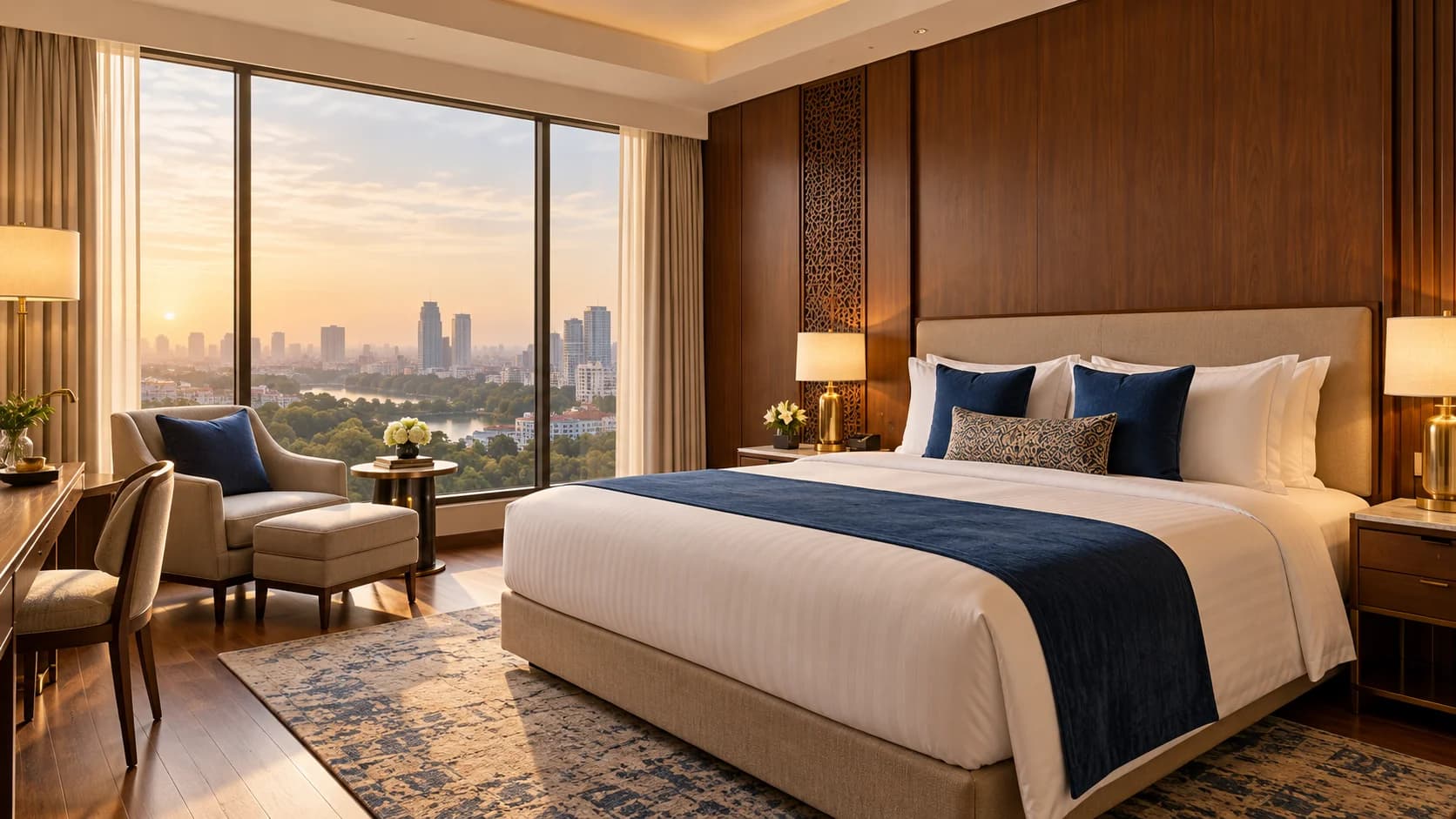 Elegant hotel bedroom with navy accents and warm lighting