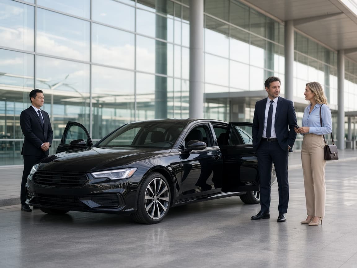 A driver meeting travelers beside a black car at the airport