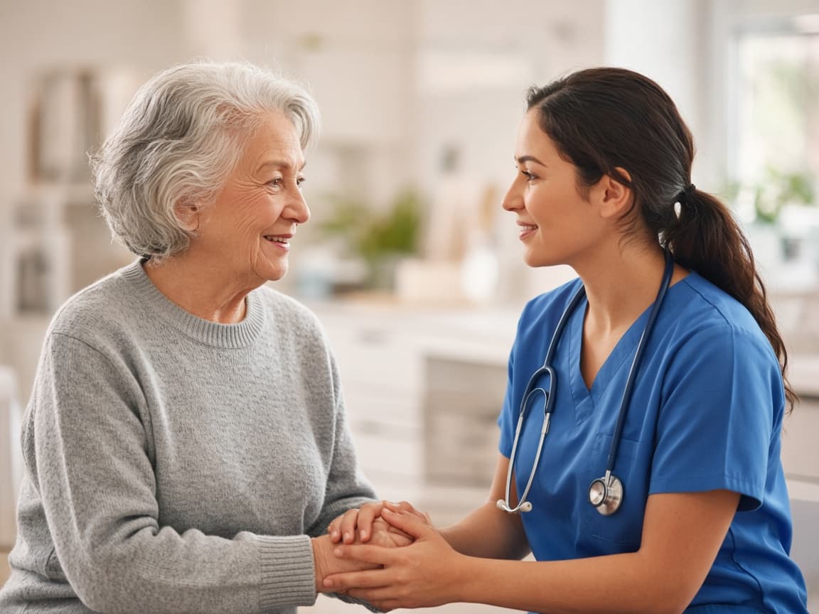 A nurse sitting with a patient and holding her hands