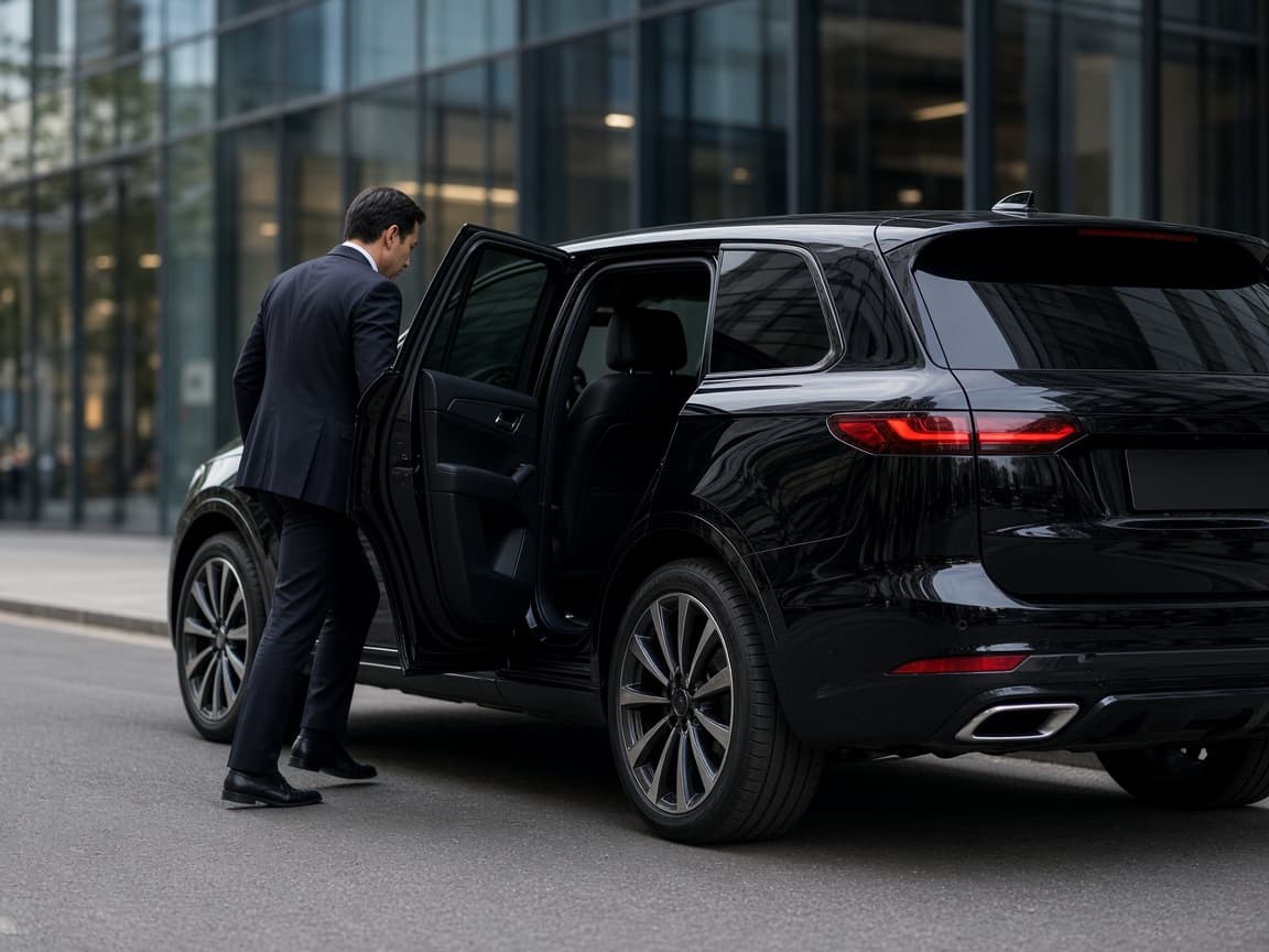 A passenger stepping into a black vehicle for a local transfer